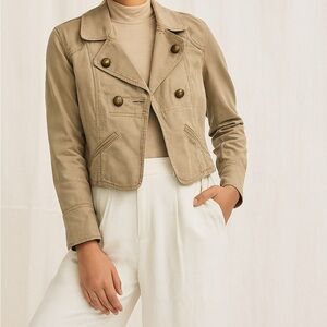 NWT Caslon 100% Utility Big Button Short Jacket Tan Khaki Beige Cropped 21” S